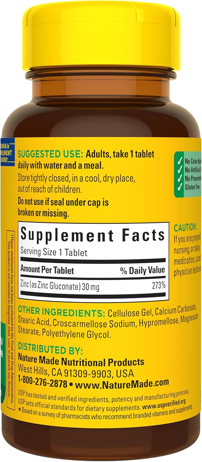 Nature Made, Suplemento de Zinc de 30 mg, 100 Tabletas