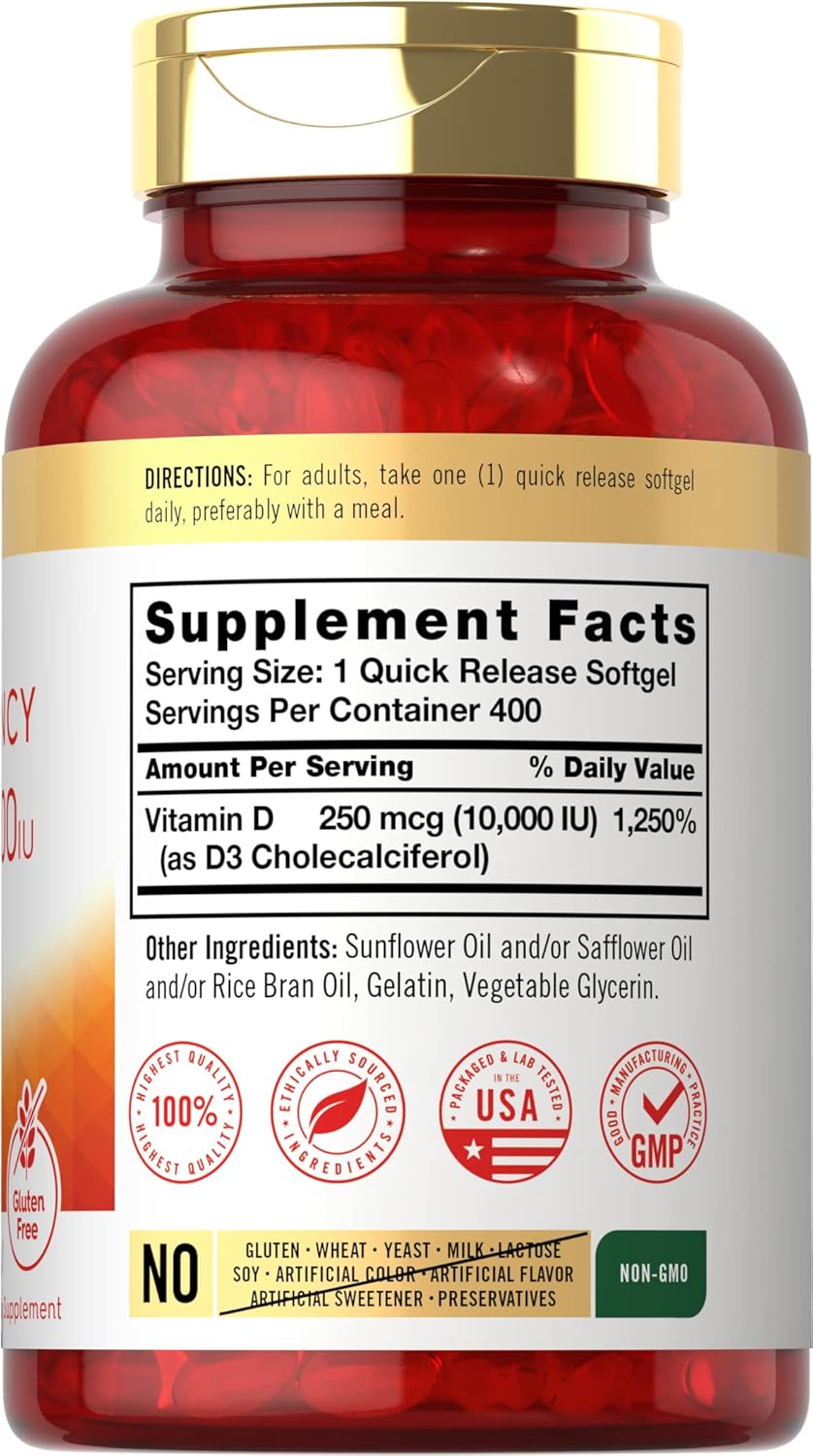 Vitamina D3 de alta potencia | 400 capsulas blandas de 10,000 IU | Carlyle