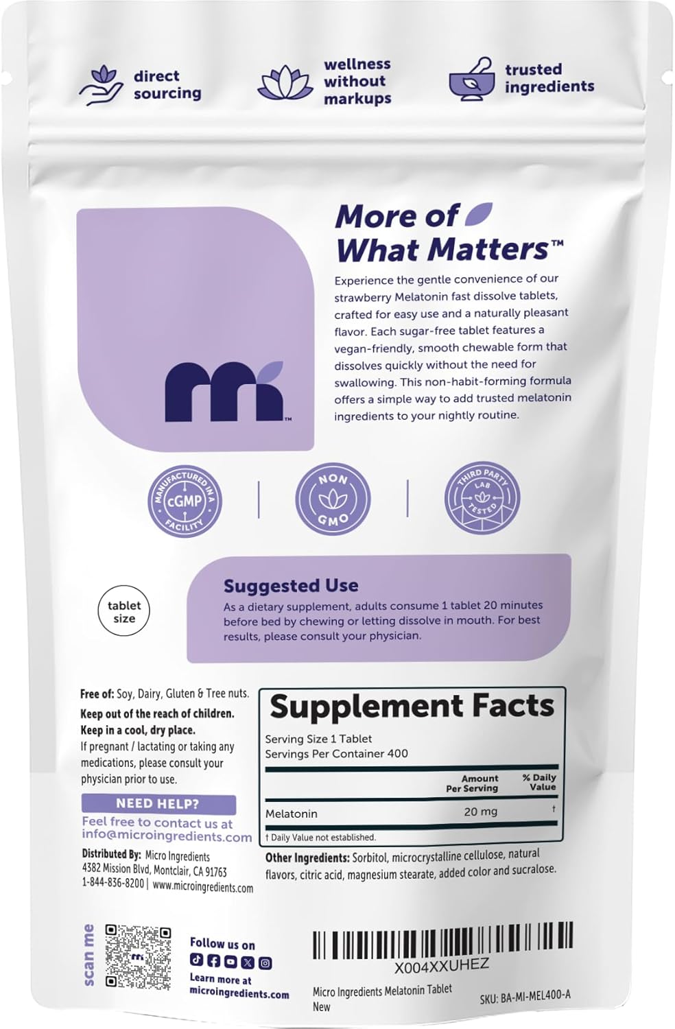 Melatonina con sabor a fresa | 400 tabletas de 20 mg | Micro Ingredients