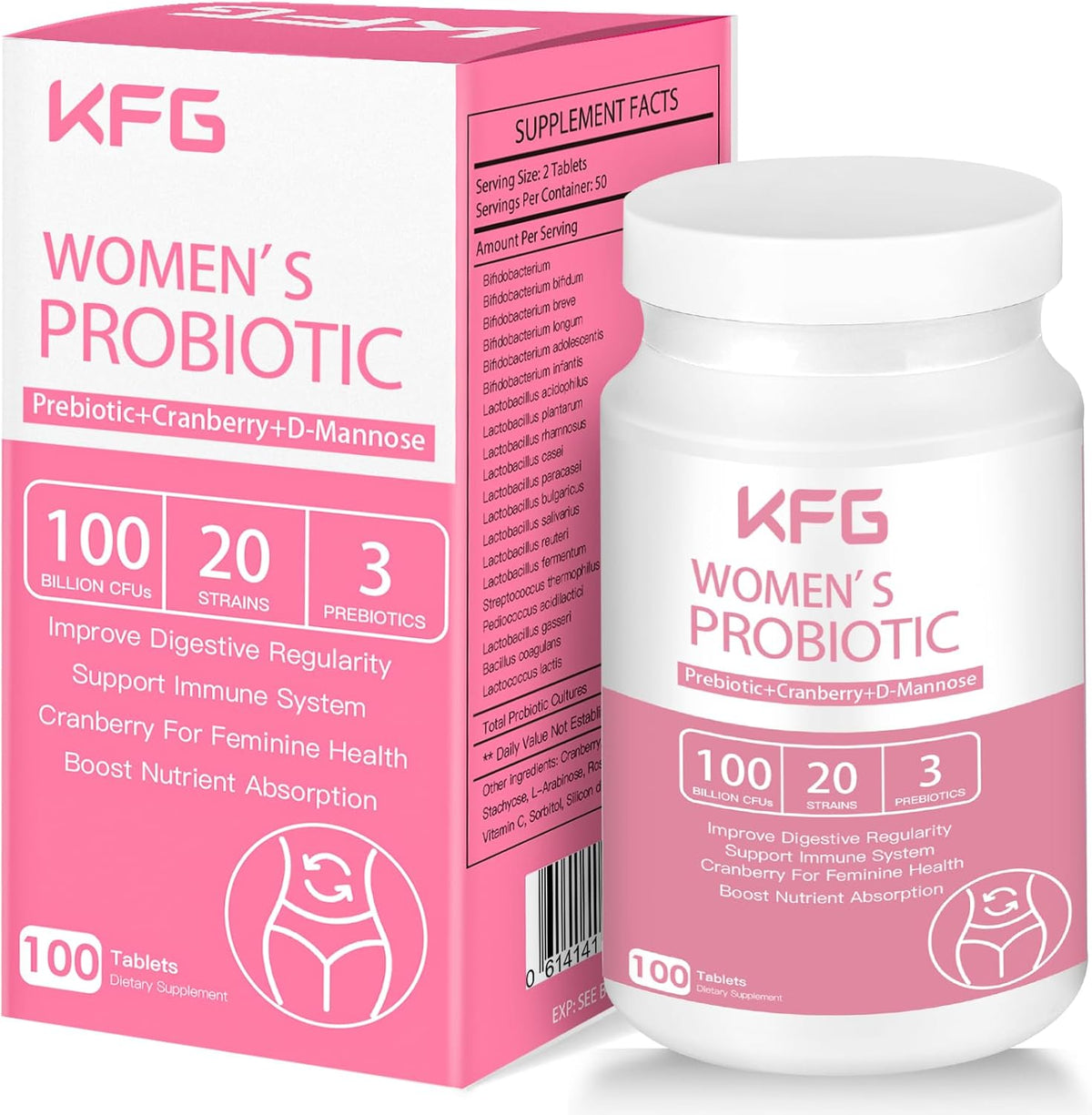 KFG, Womens probiotic, Prebioticos, cranberry y D-Mannose, 100 Tabletas