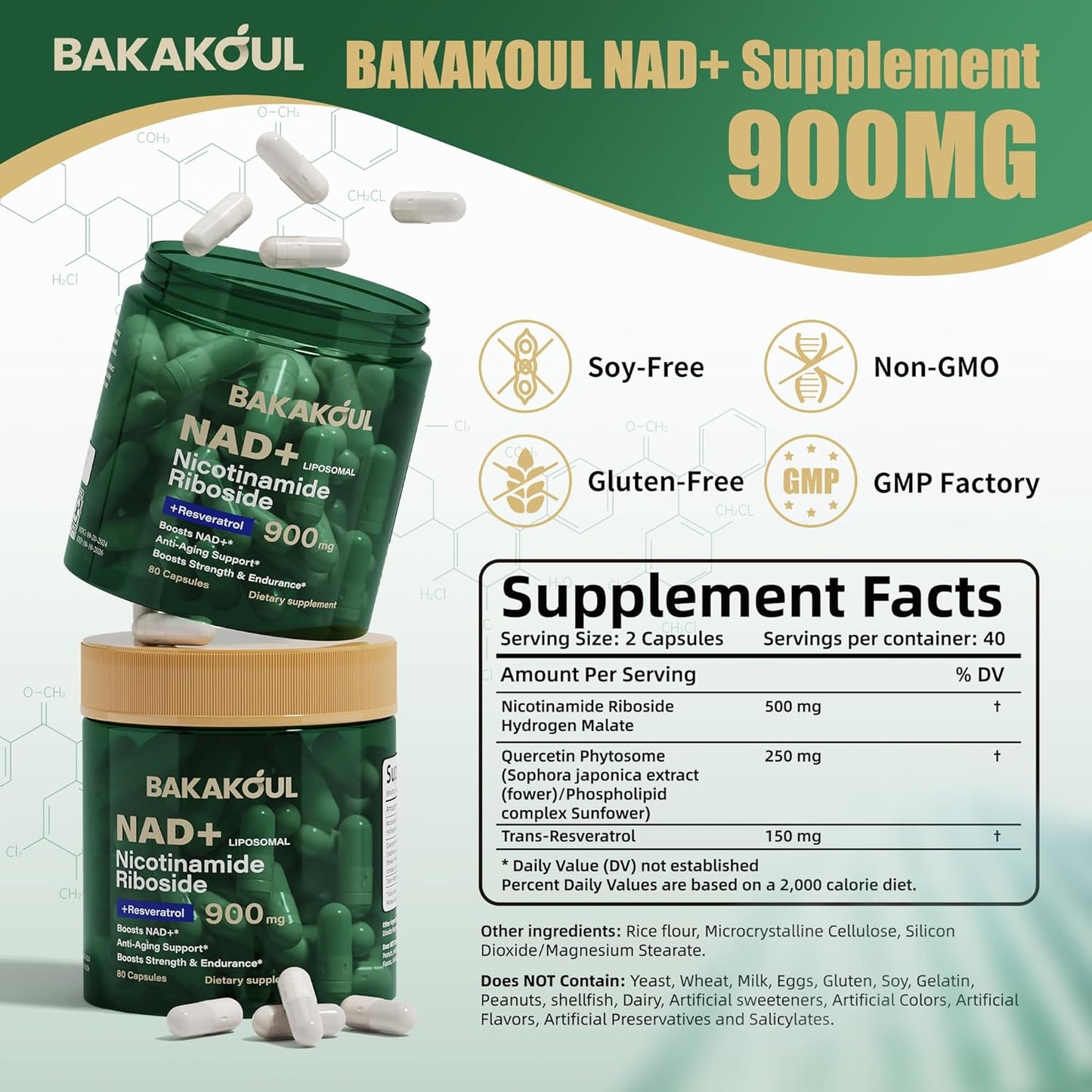 Suplemento de NAD con Resveratrol, Ribosida de nicotinamida liposomal | 80 Capsulas de 900 mg | Bakakoul