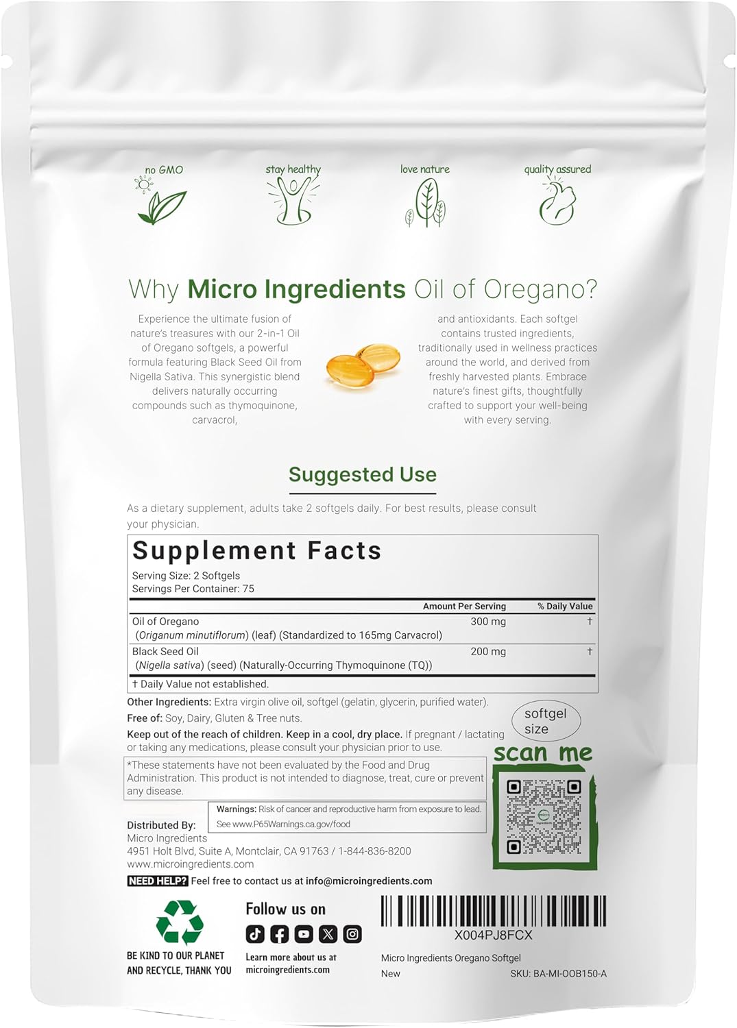 micro ingredients, aceite de oregano con Aceite de semilla negra, 150 Capsulas