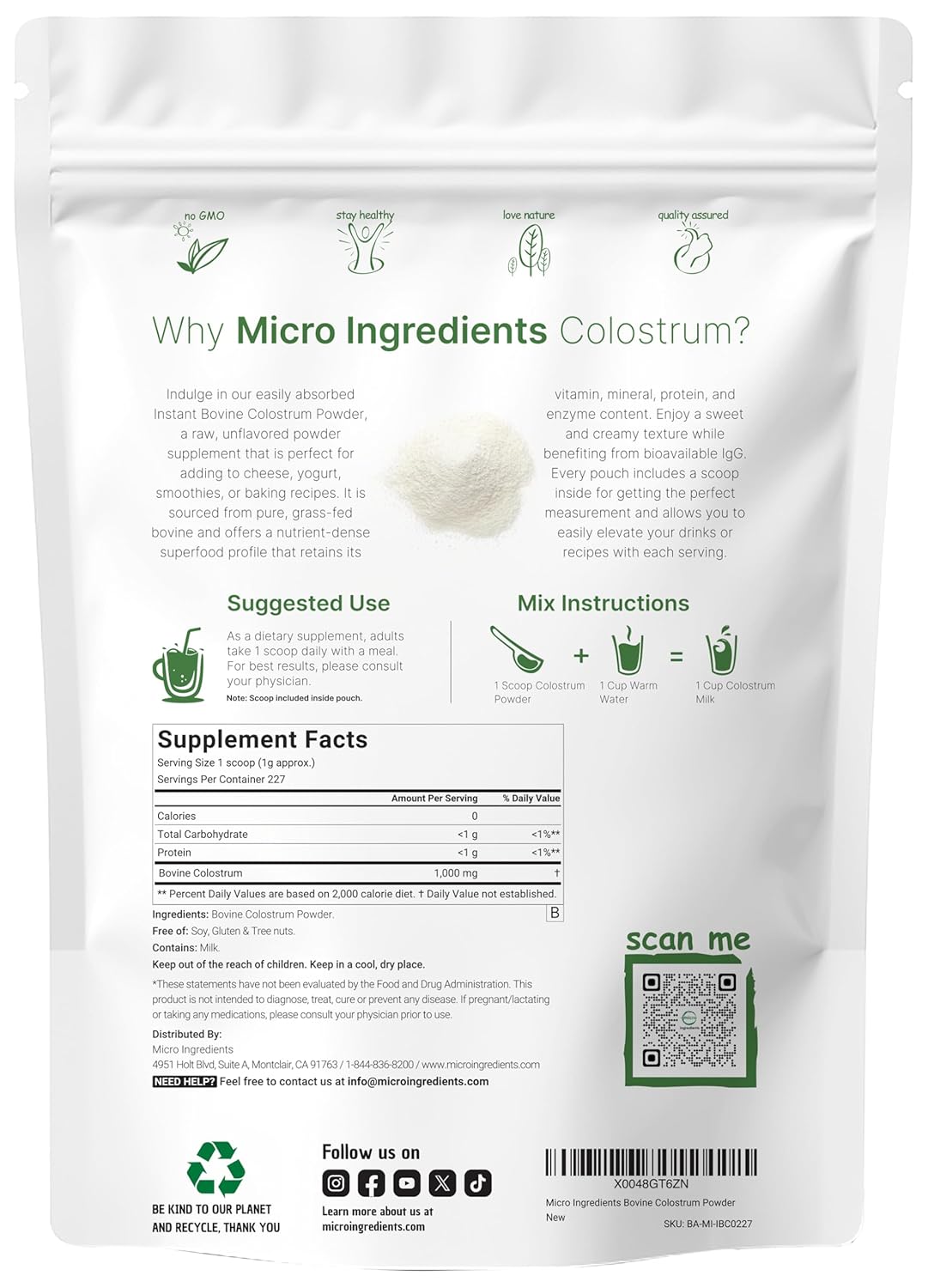 Micro Ingredients, Calostro bovino en polvo, 8 onzas, 227 servicios