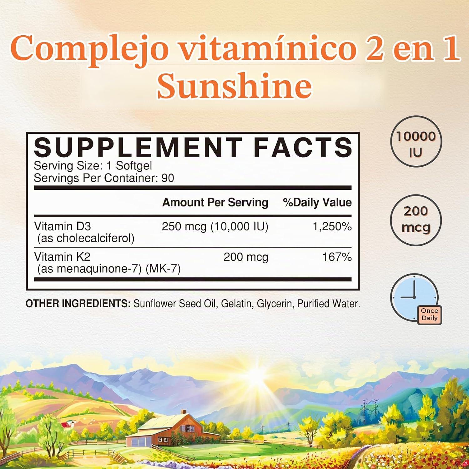 Vitamina D3 con K2 de 10,000 IU+ 200 mg, 90 Capsulas blandas, Vitalitown, imagen 2