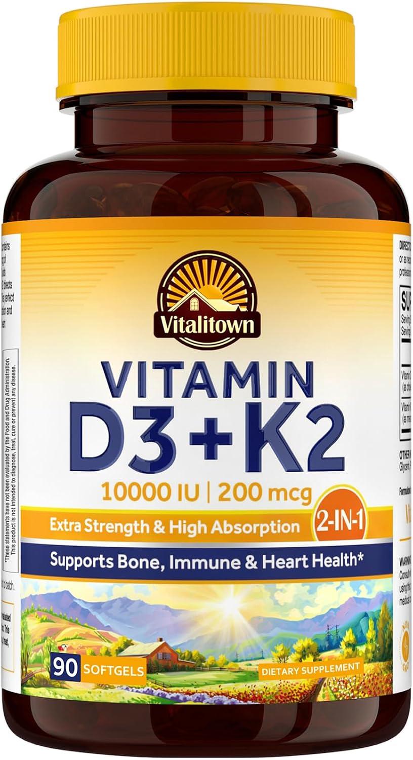 Vitamina D3 con K2 de 10,000 IU+ 200 mg, 90 Capsulas blandas, Vitalitown