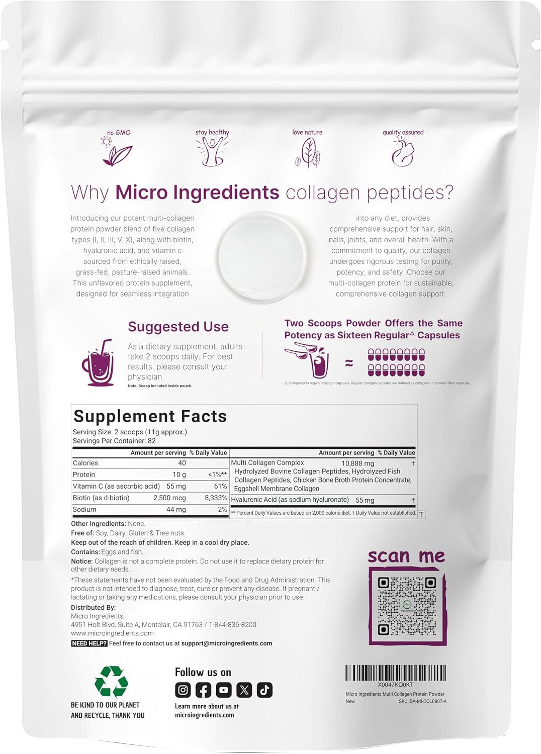 Micro Ingredients, Polvo de péptidos de colágeno múltiple, 2lb, imagen 2