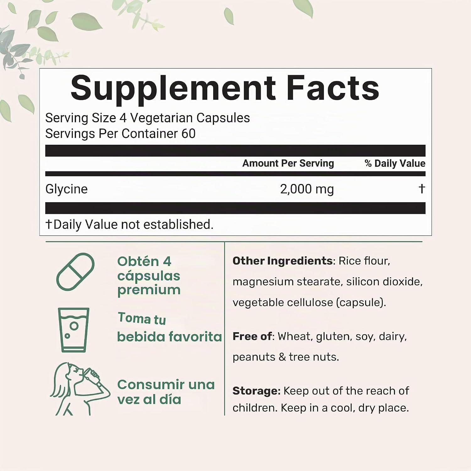 Micro Ingredients, Glicina, 240 cápsulas de 2000mg, imagen 2