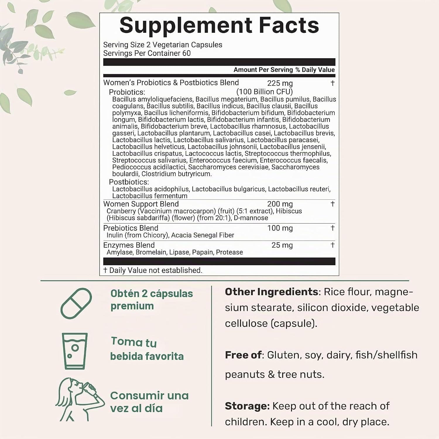 Micro Ingredients, Probióticos para mujeres de 100 mil millones de UFC con prebióticos, 120 cápsulas vegetales, imagen 2
