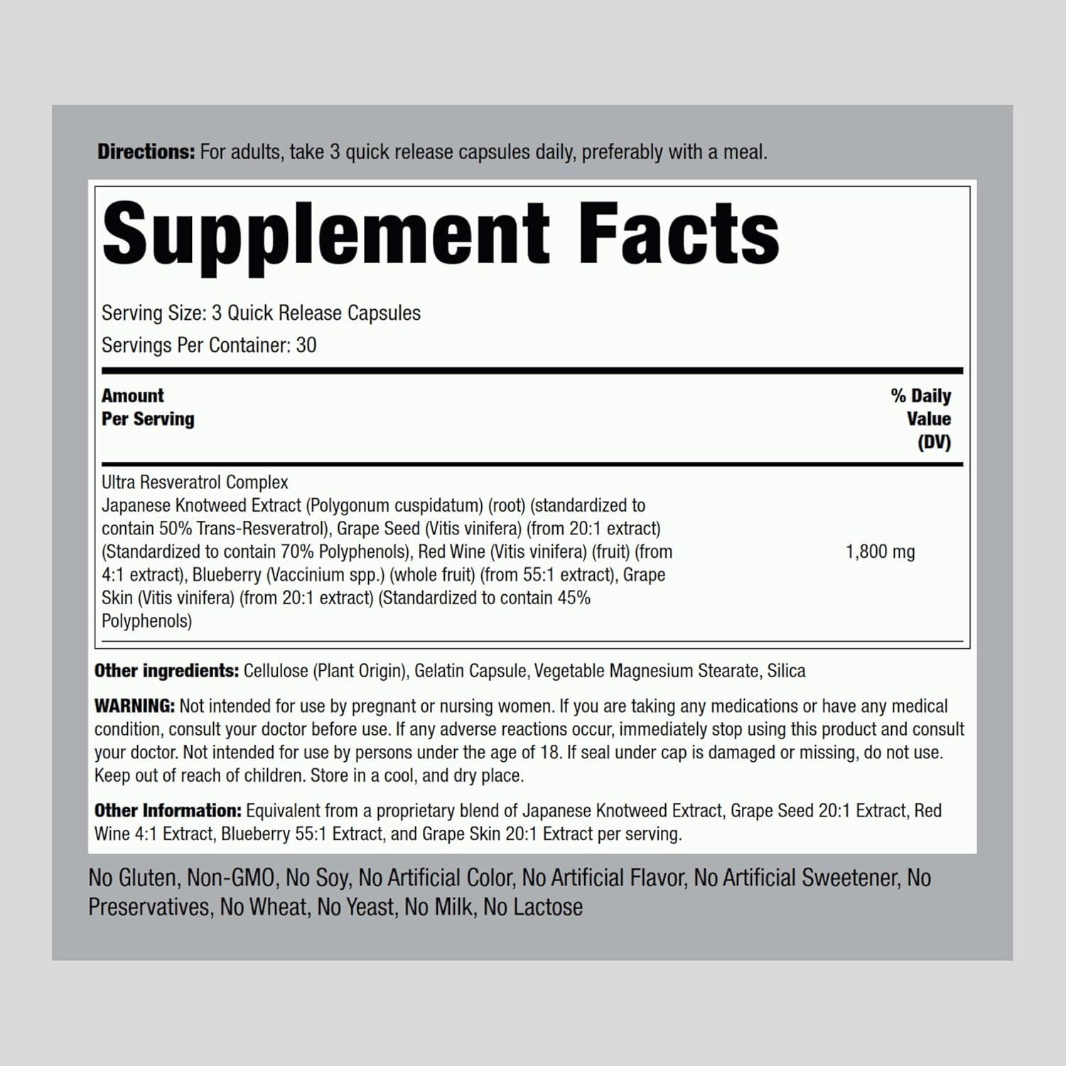 Complejo de resveratrol | 90 capsulas de 1800 mg | Piping Rock, imagen 2