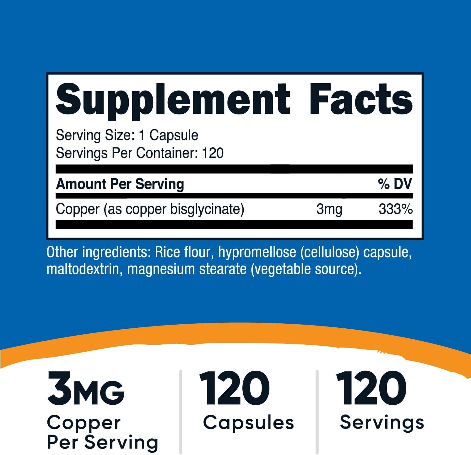 Glicinato de cobre, 120 cápsulas de 3mg, Nutricost, imagen 2