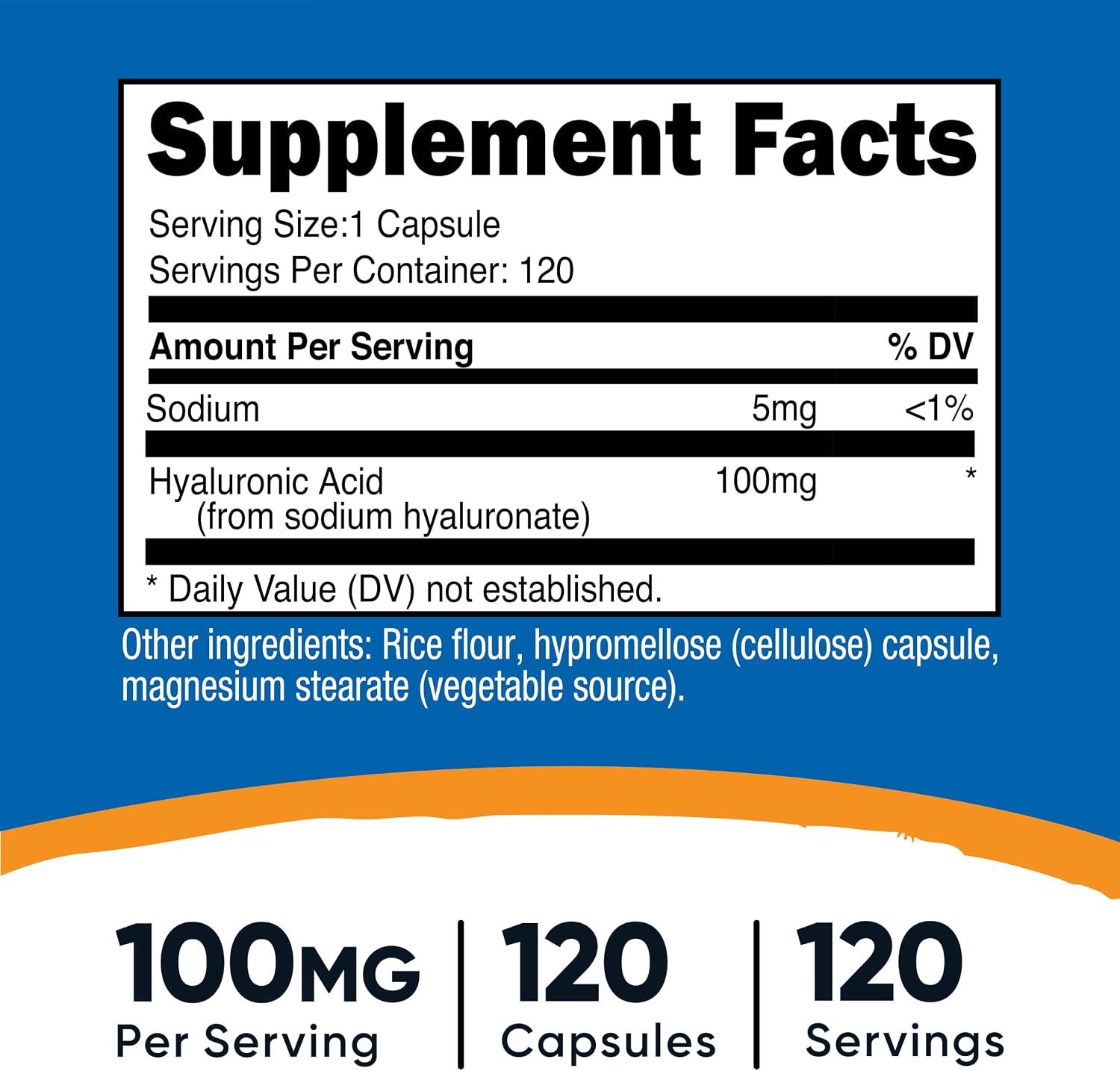 Ácido hialurónico, 120 Capsulas de 100 mg, Nutricost, imagen 2