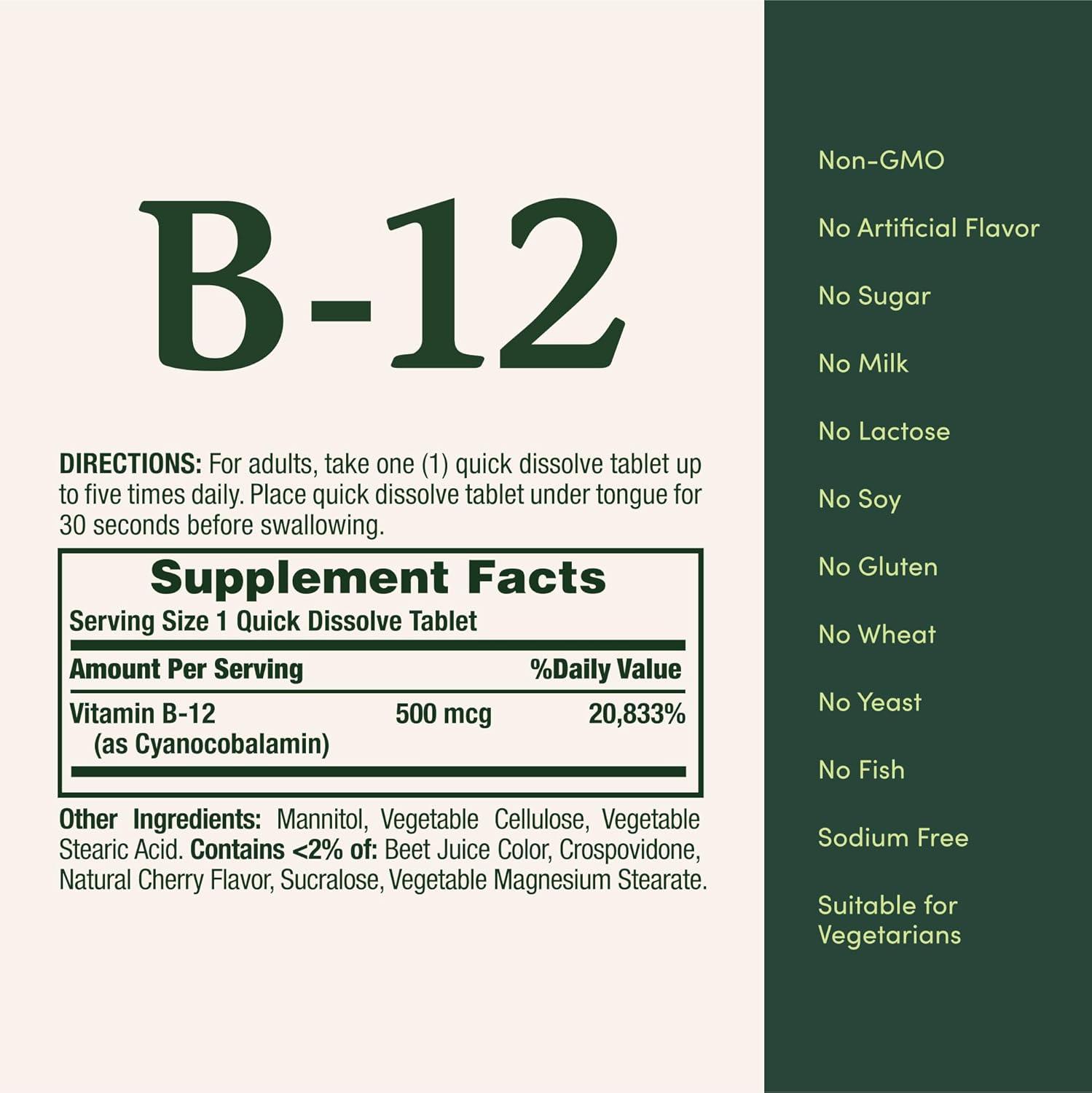 Nature's Bounty, Vitamina B-12 de 500mcg, 100 Tabletas de disolución rápida, imagen 2