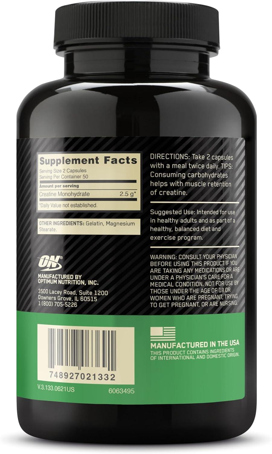 Optimum Nutrition, creatina monohidratada micronizada, 2500mg por servicio, 100 capsulas, imagen 3