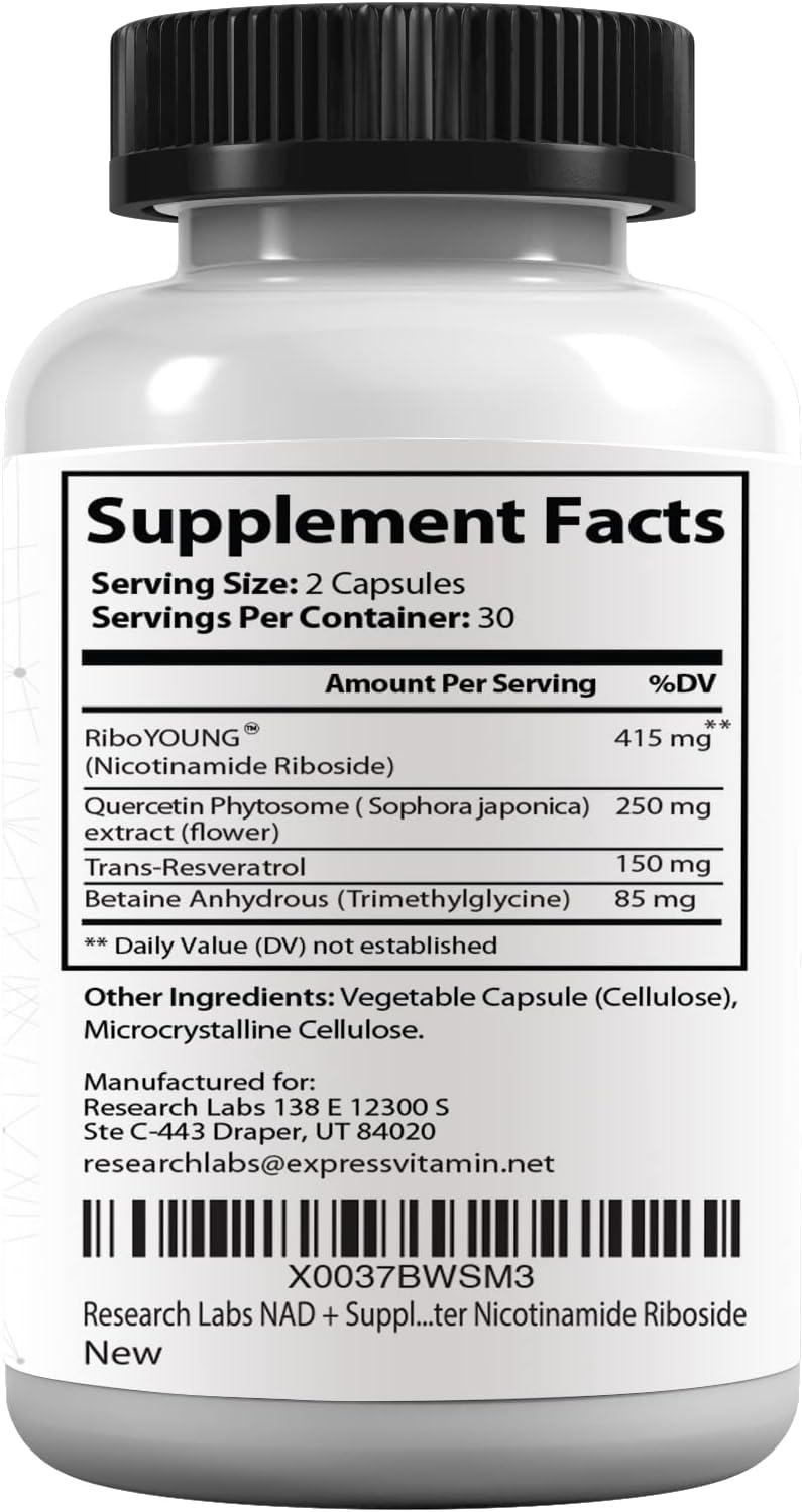 Research Labs, NAD+, nicotinamida, quercetina, resveratrol, 900mg por servicio, 60 capsulas, imagen 2