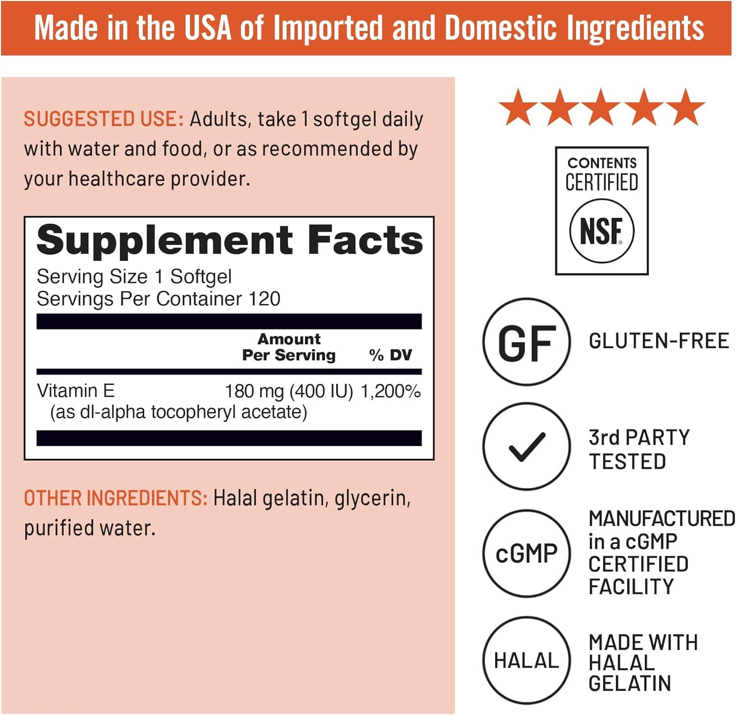Vitamina E | 120 Capsulas de 400 IU (180 mg DL-alfa) | NatureWise, imagen 2