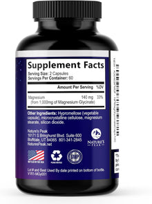Glicinato de magnesio de alta absorción, 1000mg por servicio, 120 capsulas