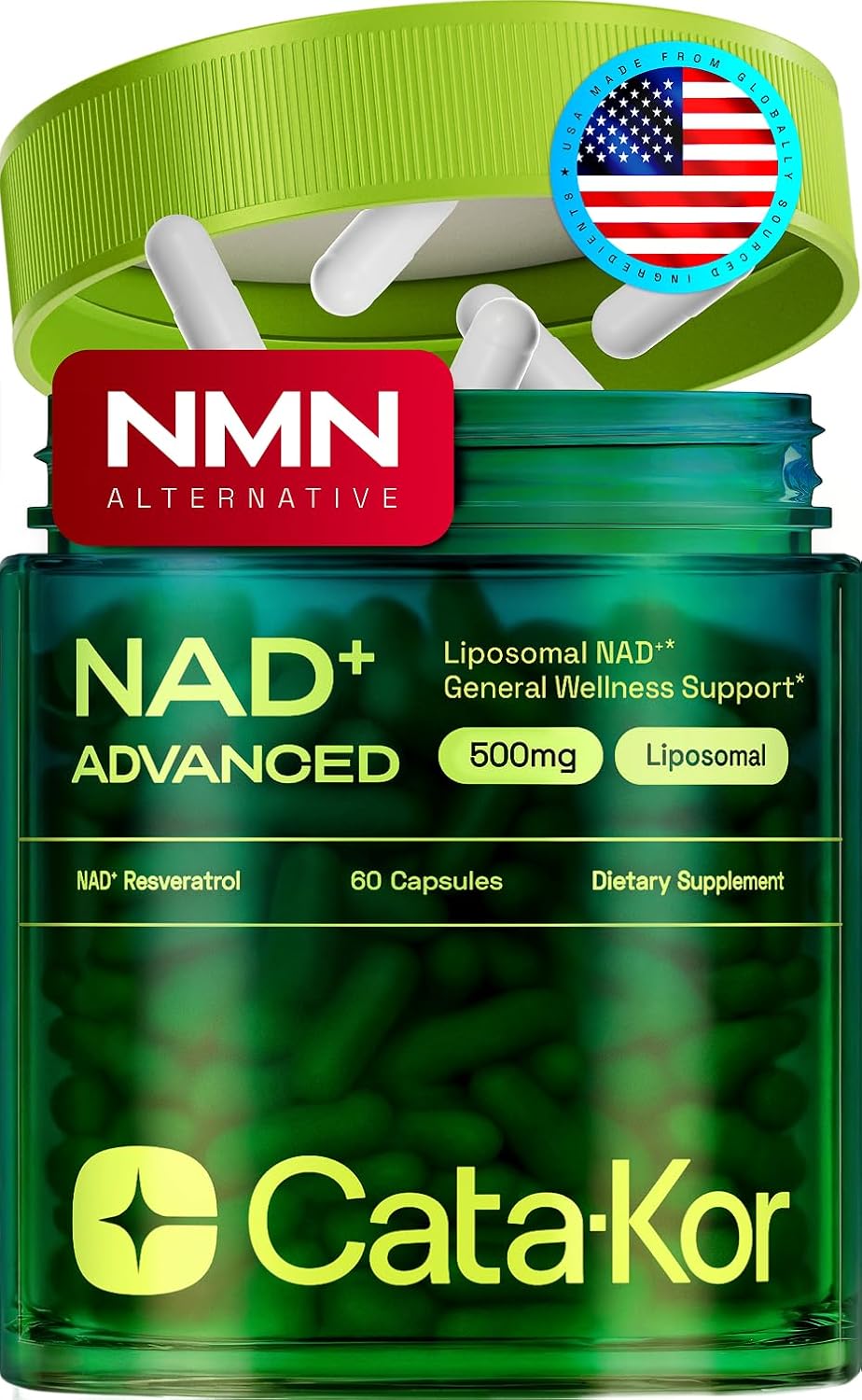 Cata-Kor, NAD+ avanzado , suplemento con resveratrol, 60 capsulas de 500mg