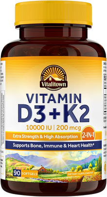 Vitalitown, Vitamina D3 10000 IU y Vitamina K2 (MK7) 200 mcg, 90 Capsulas