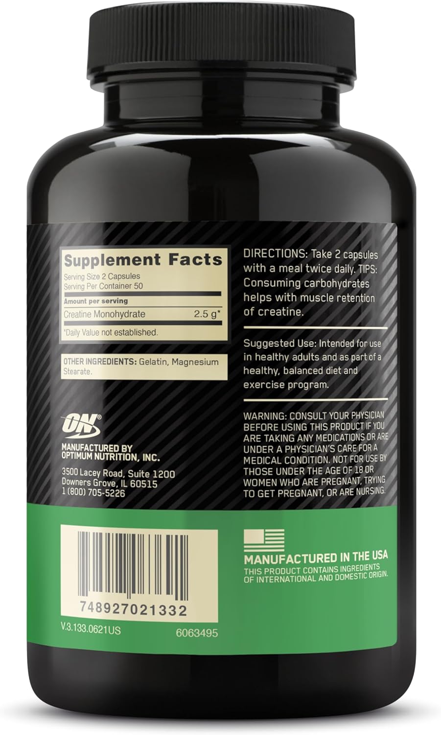 Optimum Nutrition, creatina monohidratada micronizada, 2500mg por servicio, 100 capsulas