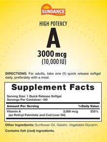 Vitamina A, 100 capsulas de 3,000mg, Sundance