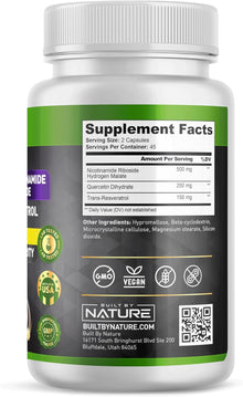 Built by Nature, NAD+ con ribósido de nicotinamida, quercetina y trans-resveratrol, 900mg, 90 Capsulas
