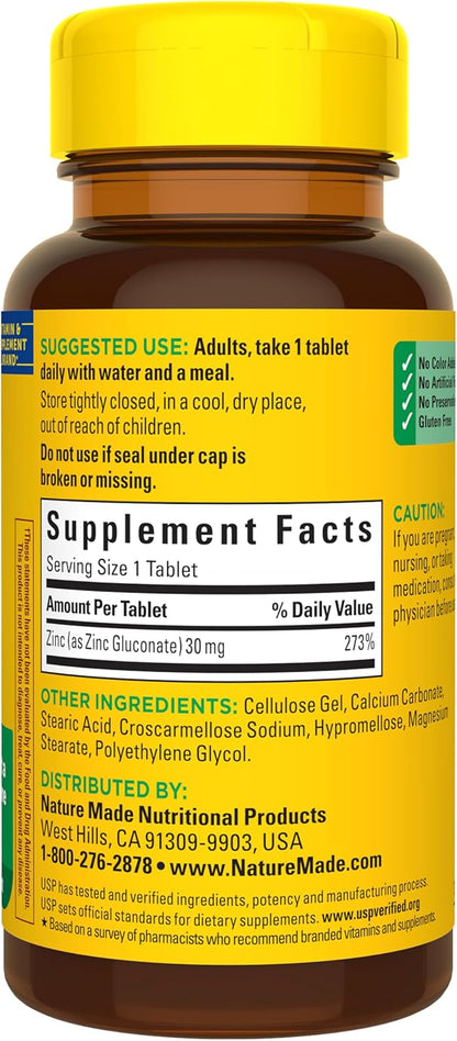 Nature Made, Suplemento de Zinc de 30 mg, 100 Tabletas