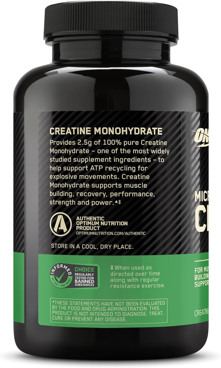 Optimum Nutrition, creatina monohidratada micronizada, 2500mg por servicio, 100 capsulas