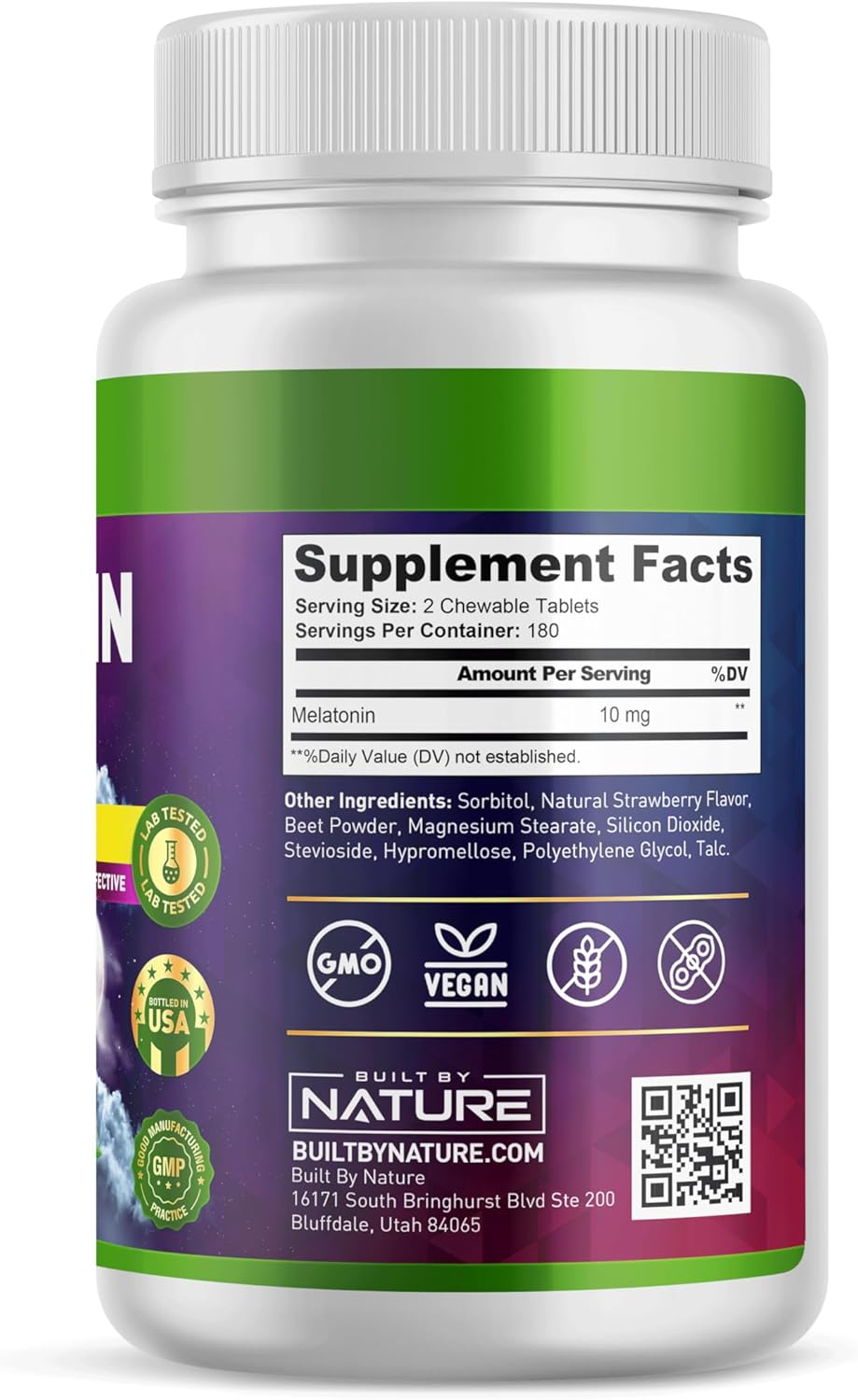 Melatonina con sabor a fresa | 360 tabletas de 10 mg | Built by Nature
