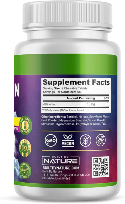 Melatonina con sabor a fresa | 360 tabletas de 10 mg | Built by Nature