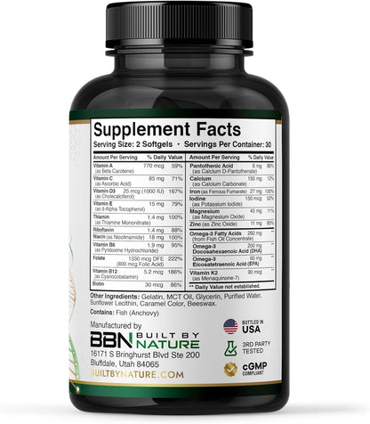 Vitaminas prenatales para mujeres | 60 capsulas blandas con DHA, hierro y acido folico | Built by Nature