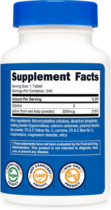 Nutricost, Yodo natural de 325mcg, 240 Tabletas