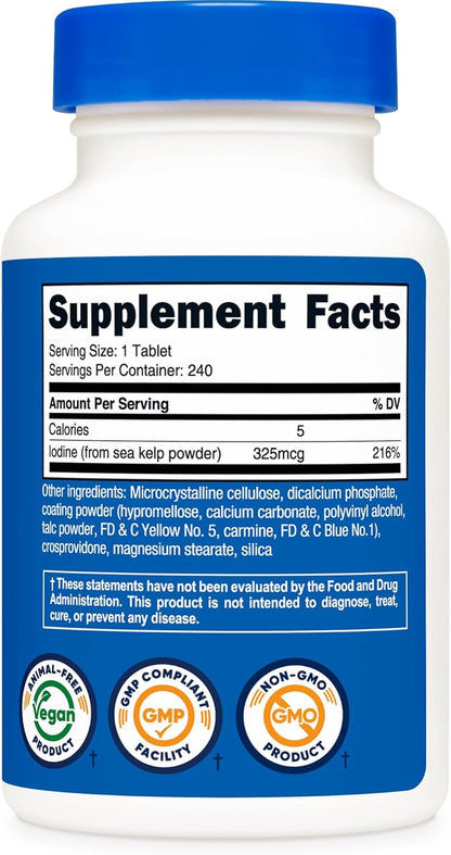 Nutricost, Yodo natural de 325mcg, 240 Tabletas