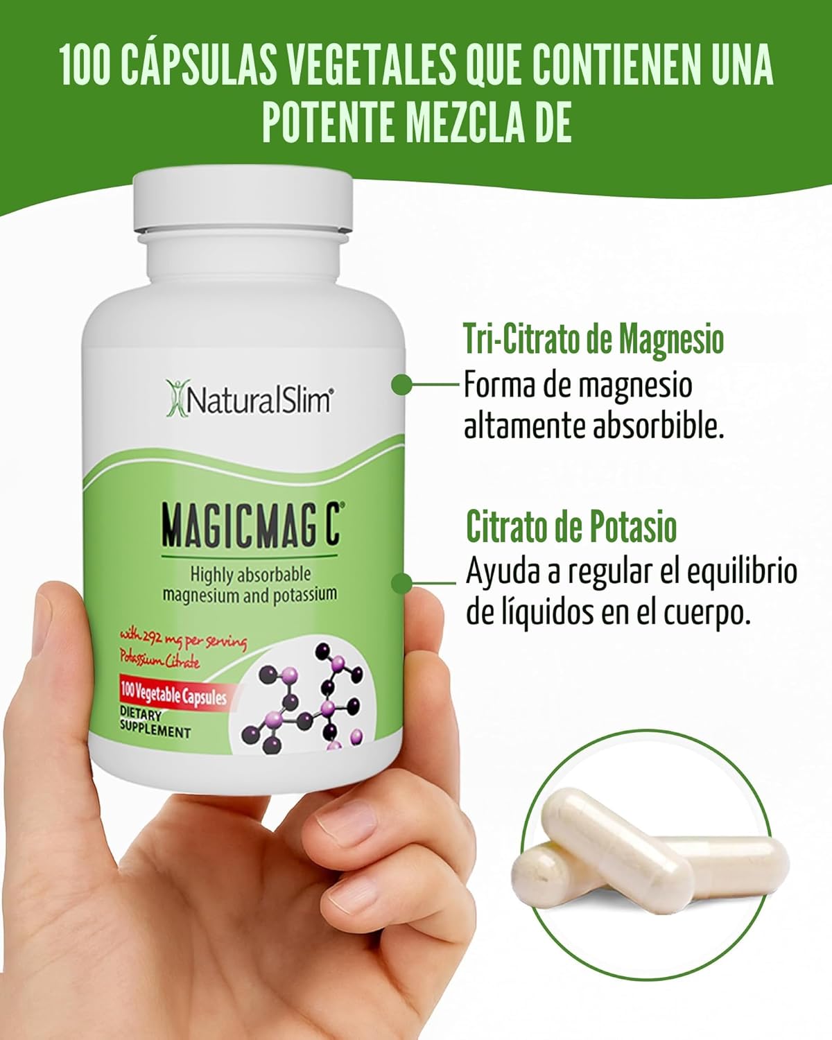 Naturalslim, Magicmag C, Contiene citrato de magnesio y citrato de potasio, 100 capsulas