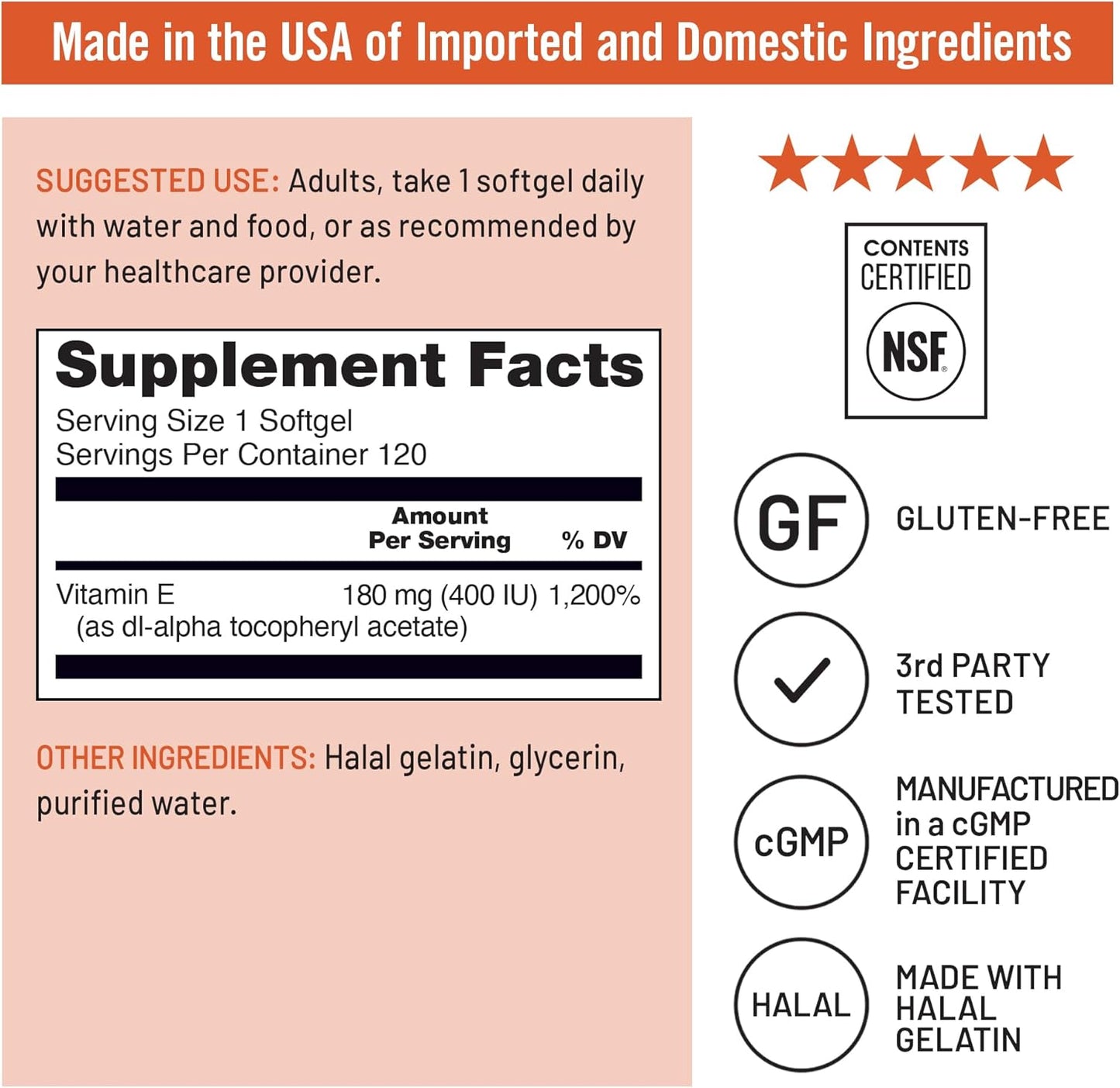 Vitamina E | 120 Capsulas de 400 IU (180 mg DL-alfa) | NatureWise