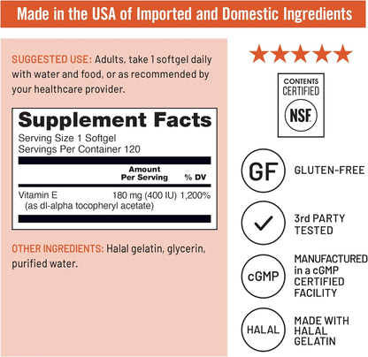 Vitamina E | 120 Capsulas de 400 IU (180 mg DL-alfa) | NatureWise