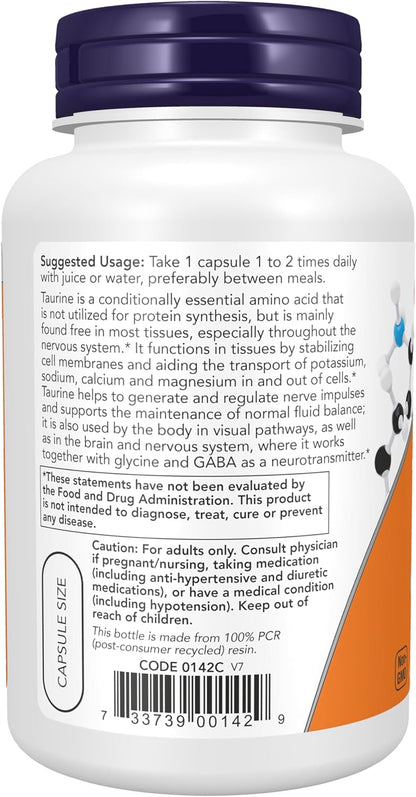 Suplemento de Taurina | 100 Capsulas de 1000 mg | Now Foods