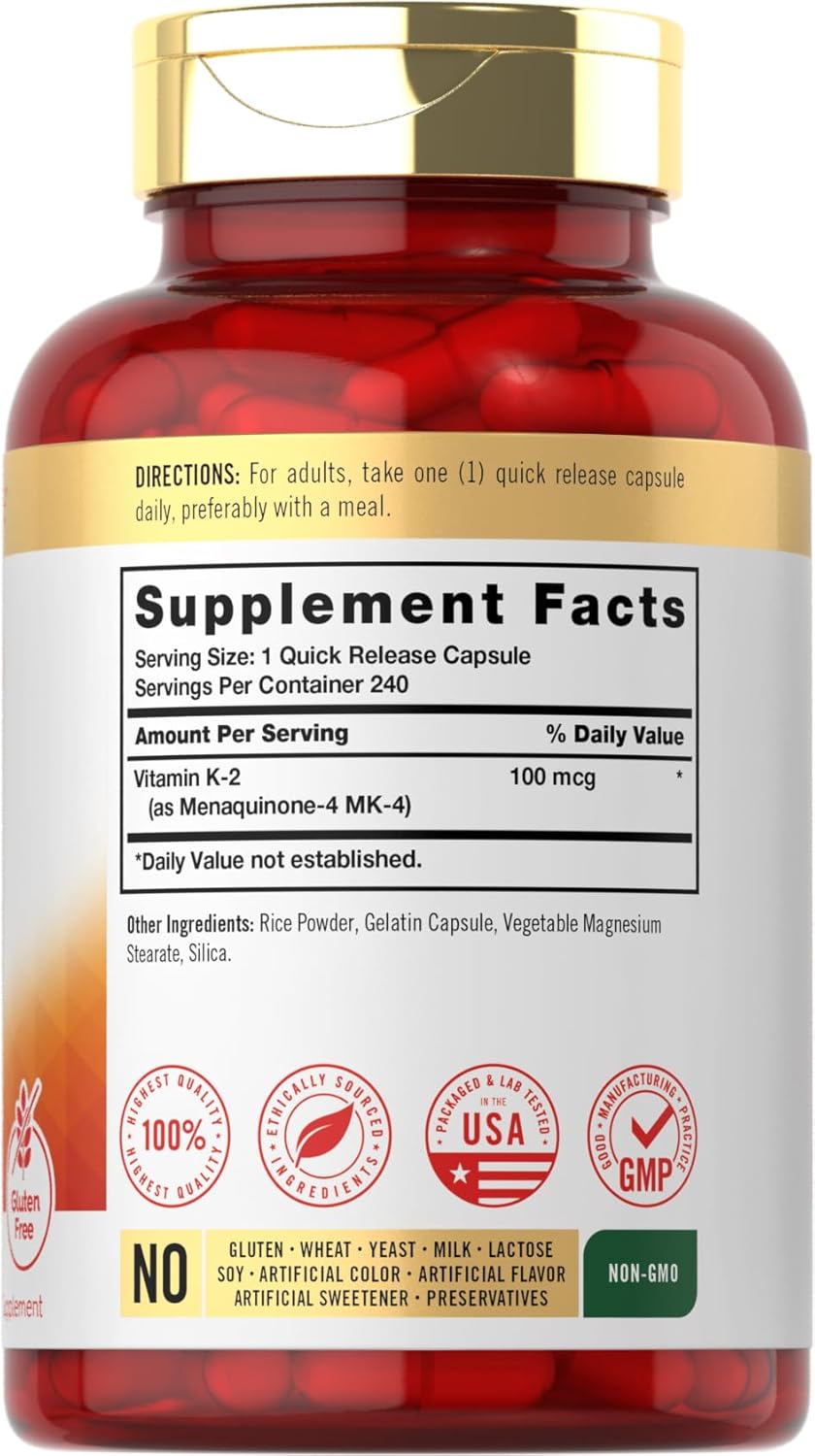 Vitamina k2 con formula premium | 240 Capsulas de 100 mcg | Carlyle