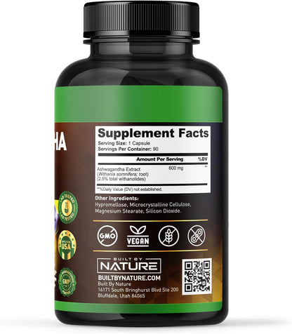 Ashwagandha extra fuerte | 90 Capsulas de 600 mg | Built by Nature