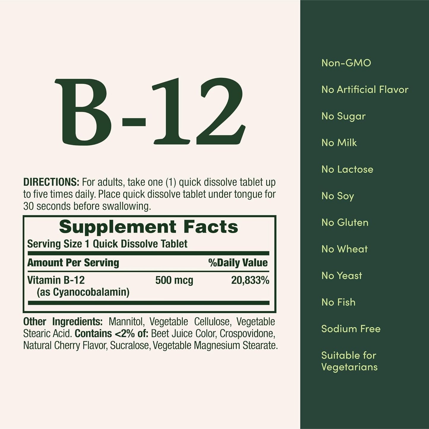 Nature's Bounty, Vitamina B-12 de 500mcg, 100 Tabletas de disolución rápida