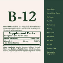 Nature's Bounty, Vitamina B-12 de 500mcg, 100 Tabletas de disolución rápida