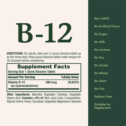Nature's Bounty, Vitamina B-12 de 500mcg, 100 Tabletas de disolución rápida
