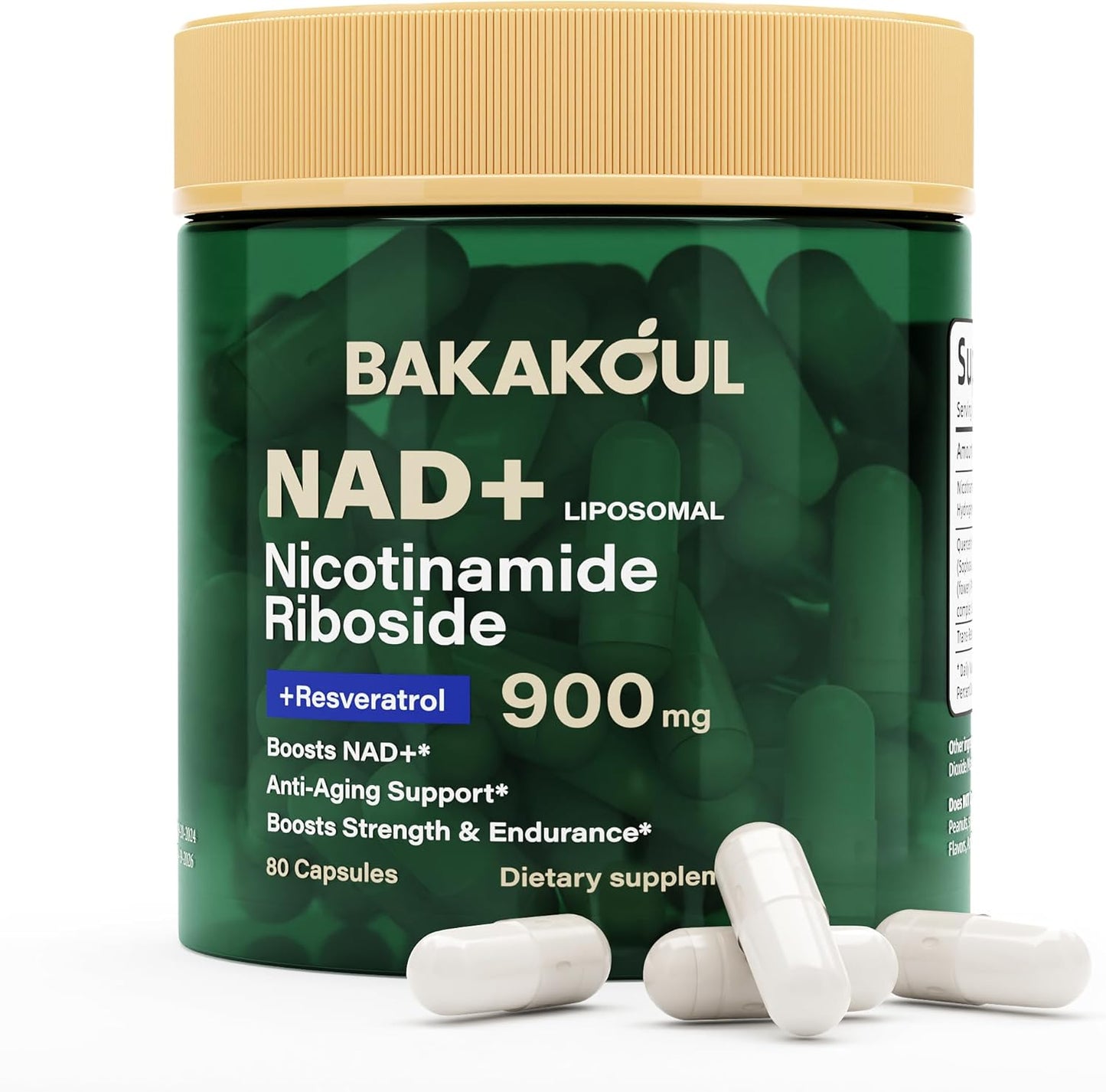 Suplemento de NAD con Resveratrol, Ribosida de nicotinamida liposomal | 80 Capsulas de 900 mg | Bakakoul