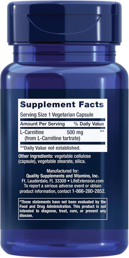 L-Carnitina | 30 capsulas de 500 mg | Life Extension