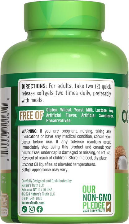 Nature's Truth, Capsulas de aceite de coco extra virgen, 2000 mg por servicio, 100 Capsulas