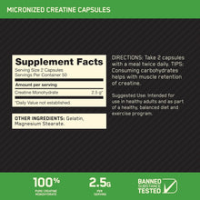 Optimum Nutrition, creatina monohidratada micronizada, 2500mg por servicio, 100 capsulas
