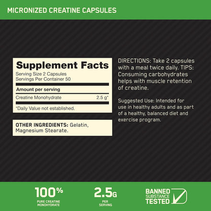 Optimum Nutrition, creatina monohidratada micronizada, 2500mg por servicio, 100 capsulas
