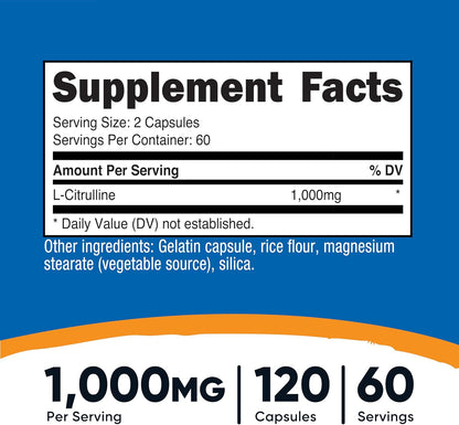 Nutricost, L-Citrulina de 1000 mg, 120 Cápsulas