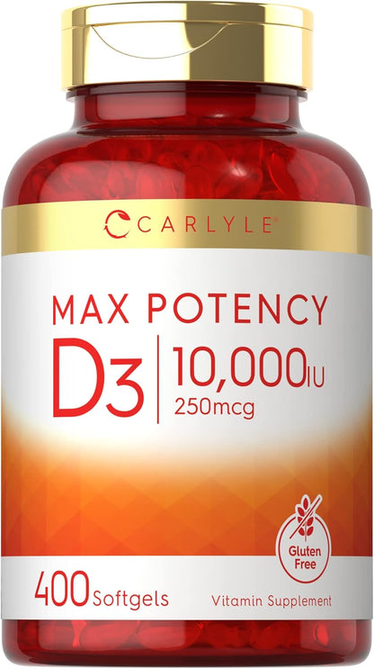 Vitamina D3 de alta potencia | 400 capsulas blandas de 10,000 IU | Carlyle