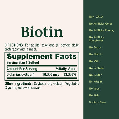 Biotina para el cabello, las uñas y la piel | 120 capsulas de 10,000 mcg | Nature's Bounty