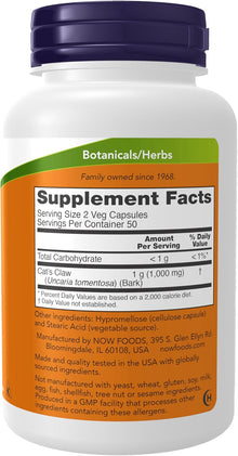 Uña de gato suplemento herbal | 100 capsulas de 500 mg | Now Foods
